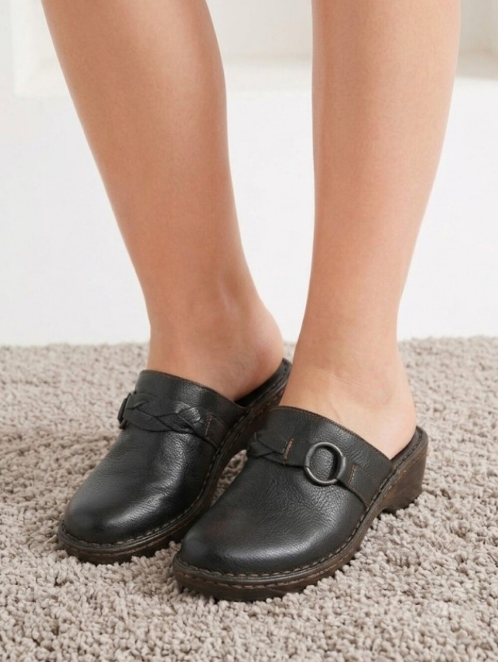 Born Genuine Leather Slip-On Clogs Braided Detail Buckle Size 7 M Black